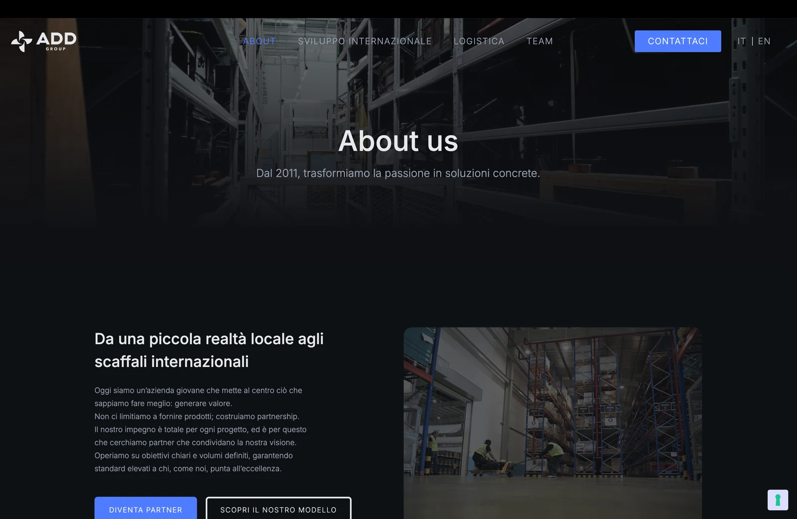 ADD Group: pagina About us con presentazione aziendale e logistica