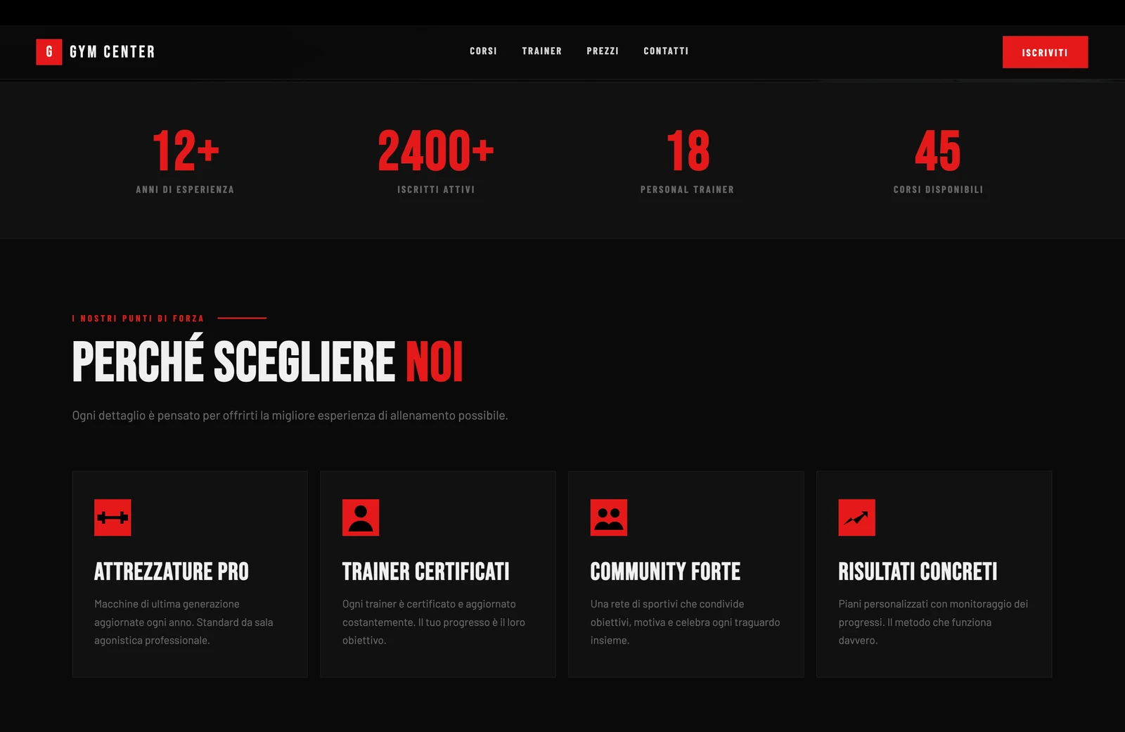 Gym Center: sezione Perché sceglierci con attrezzature, trainer e community
