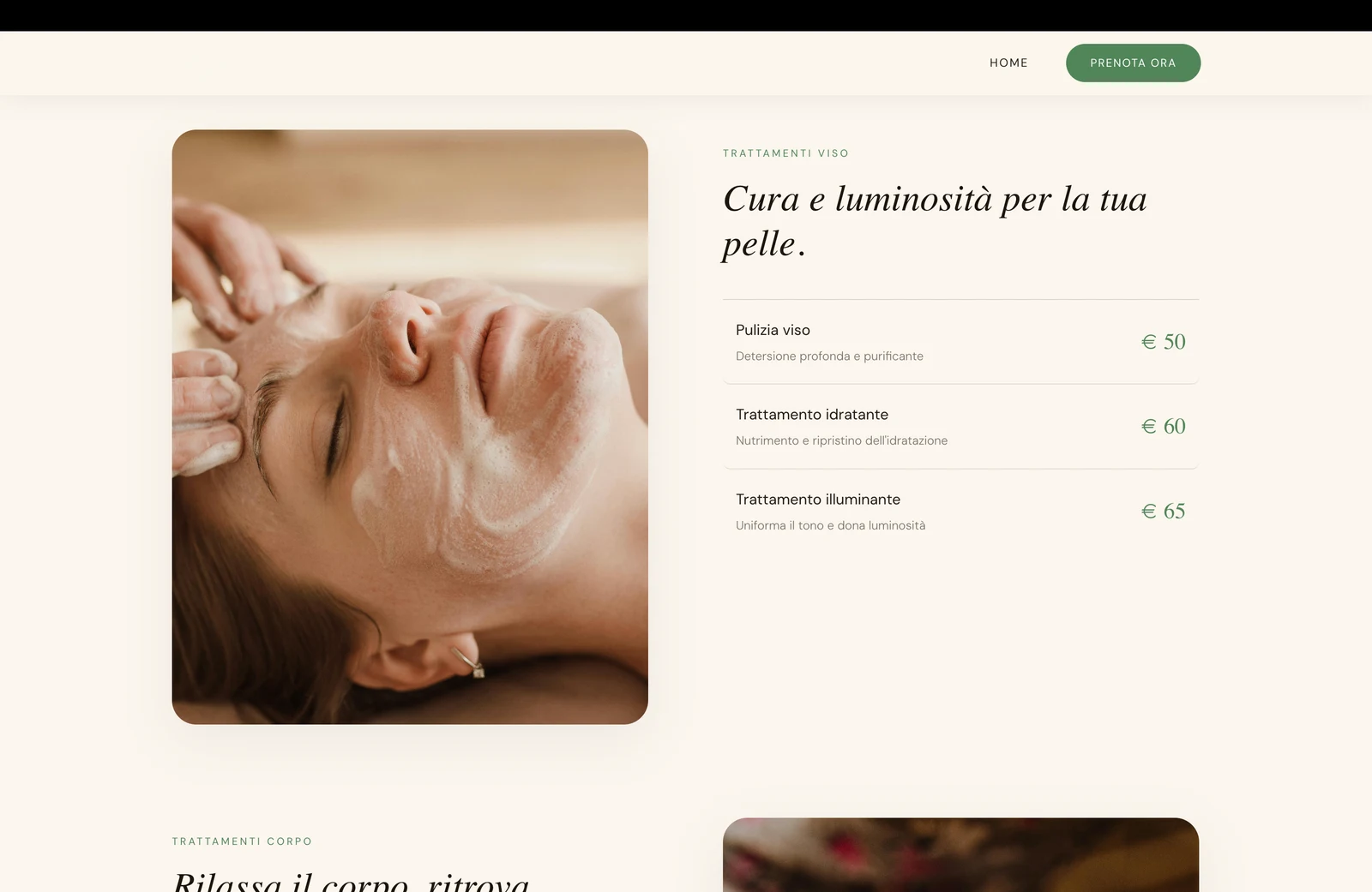 Centro estetico: trattamenti viso e relativo listino